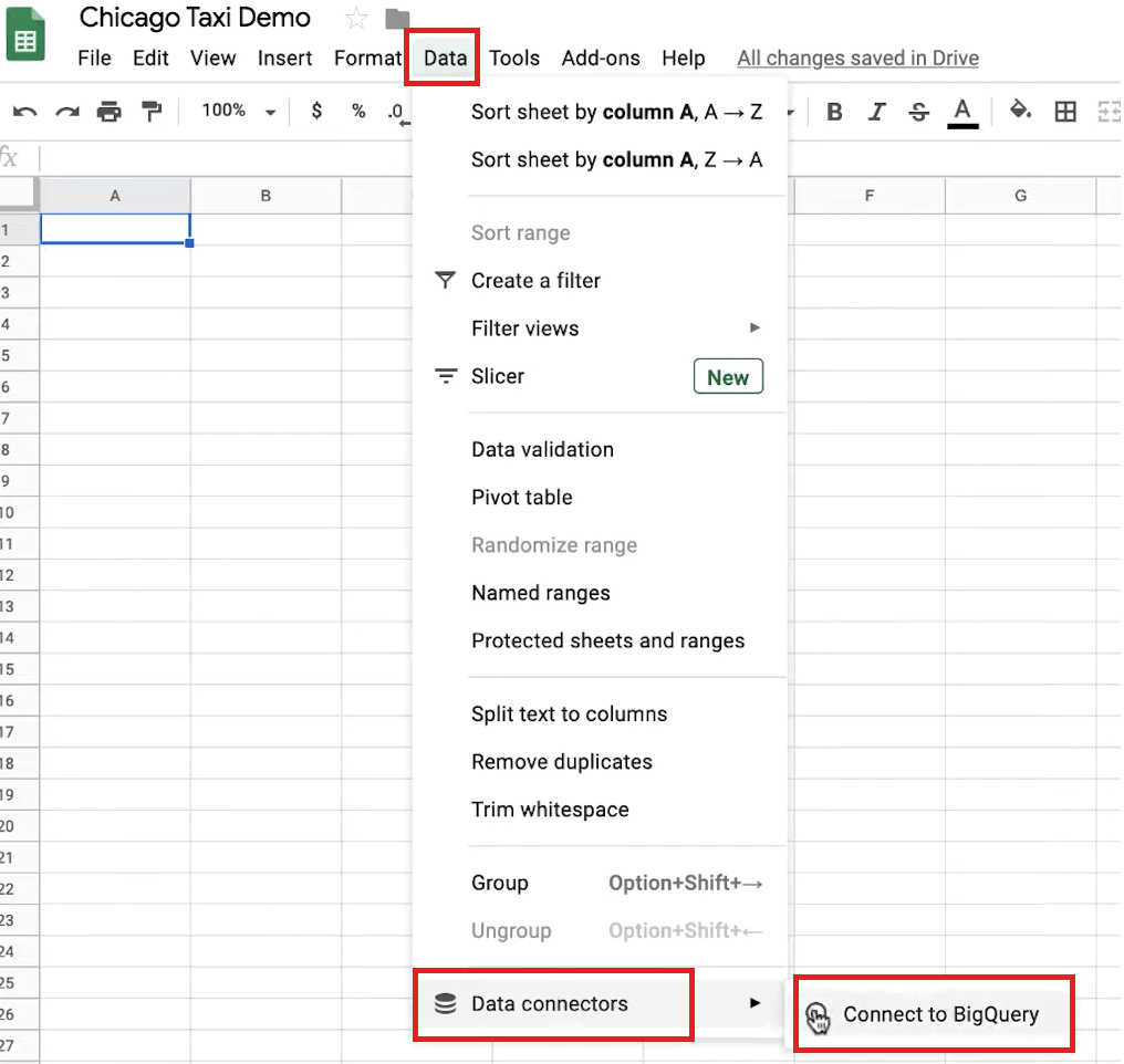 BigQuery to Google Sheets - Data Menu